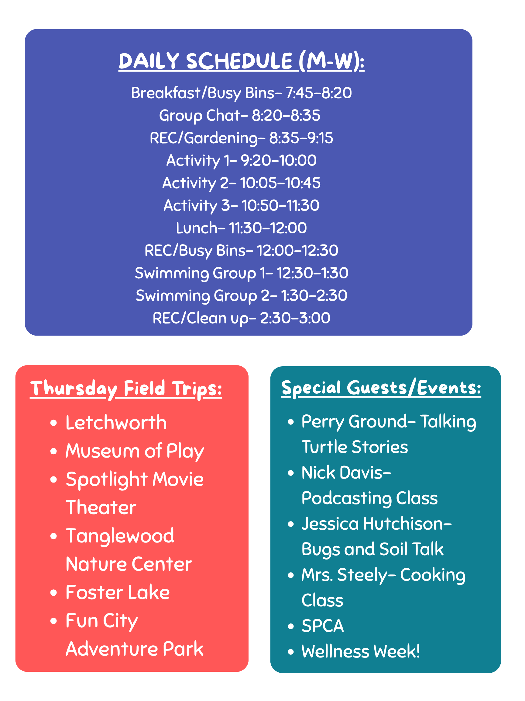 "Summer PAWS 2026 Daily Schedule. Monday through Wednesday includes breakfast, group chat, gardening, three activity blocks, lunch, swimming, and recreation from 7:45 AM to 3:00 PM. Thursday Field Trips list Letchworth, Museum of Play, Spotlight Movie Theater, Tanglewood Nature Center, Foster Lake, and Fun City Adventure Park. Special guests include Perry Ground, Nick Davis, Jessica Hutchison, Mrs. Steely, SPCA, and Wellness Week."